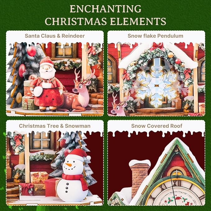 KAAYEE 3D Puzzle for Adult, Wooden Christmas Snow Cabin Pendulum Clock Puzzle Kit, 73 PCS DIY Vintage Wall Clock, Creative Craft Gift for Birthday Xmas Home Decor (Battery Not Included)