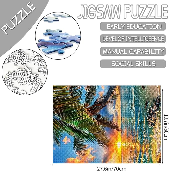 Summer Seascape 1000 Piece Jigsaw Puzzles for Adults Tropical Coconut Tree Painting Jigsaw Puzzle Landscape 1000 Pieces Puzzles Game Home Wall Decor DIY Craft Ocean at Sunset Puzzle Art(Colorful)