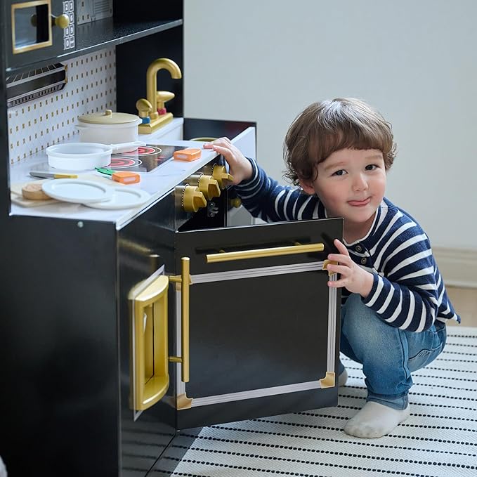 Teamson Kids Wooden Play Kitchen for Toddlers with Accessories, Pretend Cooking Set for Kids Age 3+, Black Toy Kitchen Playset, Retro Design, Realistic Features for Boys & Girls, St. Louis Collection