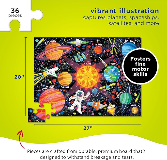 Crocodile Creek 36-Piece Jigsaw Floor Puzzle - Fun Floor Puzzles for Kids Ages 3-5 - Heavy-Duty Shaped Box for Storage - Space Explorer - 27" W x 20" H Finished