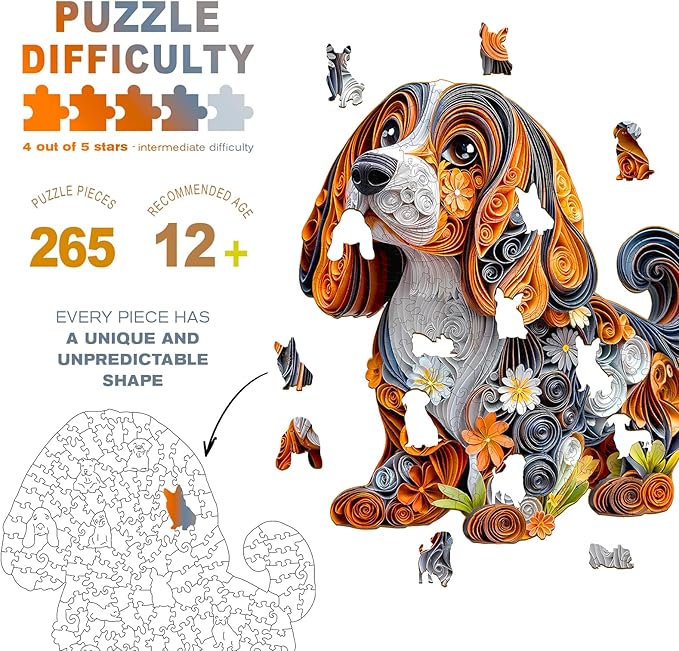 Wooden Puzzles for Adults - Paper Dachshund Wooden Jigsaw Puzzle - Unique Animal Shaped Wood Puzzles Adult - Christmas Birthday Gifts for Adults/Friends/Family - 265pcs 13.4 * 11.9in