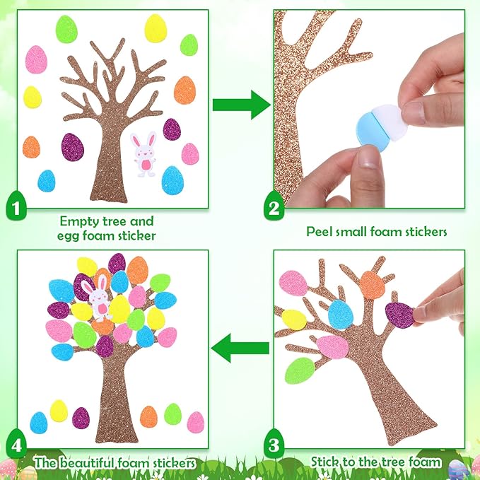 Woanger 224 Pieces Easter Foam Stickers for Craft Egg Bunny Rabbit Self Adhesive Tree Glitter Stickers for Kids Art Project Family Activity Easter (Egg)