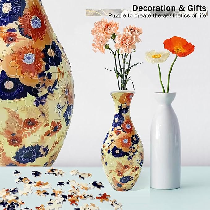 3D Puzzle Vase for Adults, Unique Decorative Jigsaw Flower Vase Home Decoration, Floral Design DIY Craft Kit for Housewarming Gift, Relaxing Hobby for Women & Man(160-Piece Curved Plastic Puzzles)