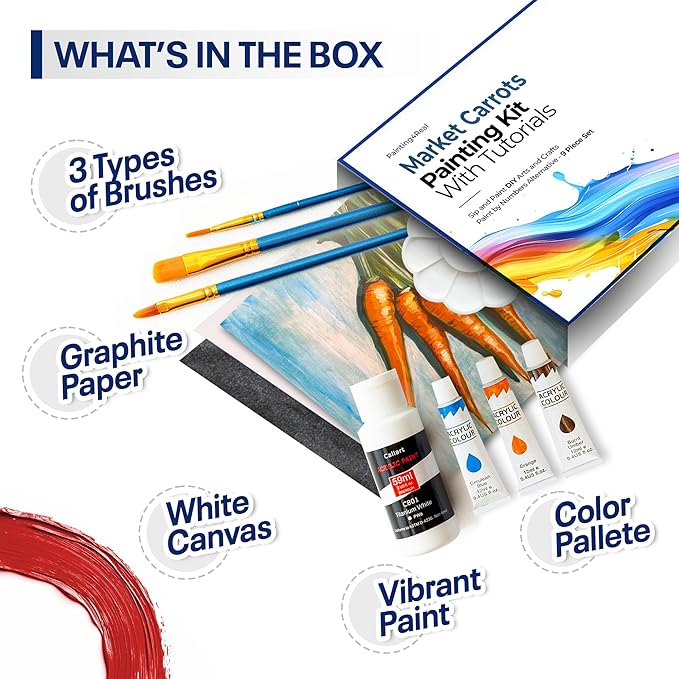 Painting4Real DIY Painting Class Kit for Adults with Video Tutorials: Learn to Paint Carrots – How to Paint with Acrylics – Painting & Art Supplies – 9 Piece Acrylic Paint Set