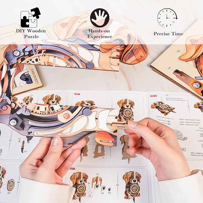 3D Wooden Puzzles for Adults Beagle Clock - Model Building Kit for Men Women Clock Puzzle Creative Craft Gift Home Deco for DIY Enthusiasts, Brain Teaser Building Set for Adults