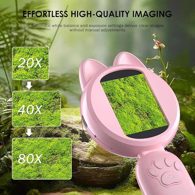 Kids Microscope 100X Magnification, STEM Handheld Digital Science Kit, Portable Educational Toy for Ages 3-16, Birthday for Boys & Girls Pink