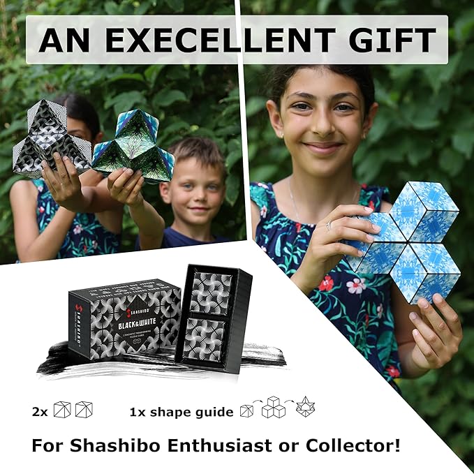 Shashibo Shape Shifting Box - Award-Winning, Patented Fidget Cube w/ 36 Rare Earth Magnets - Transforms Into Over 70 Shapes, Gift Box, Download Fun in Motion Toys Mobile App (Black & White, 2 Pack)