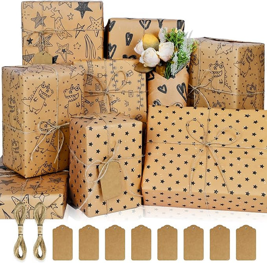 BWLOIES Wrapping Paper Set,Eco Gift Wrapping Paper Folded Sheets,Birthday Gift Wrap Kit,Eco Birthday Paper Recycled Kraft Gift Wrapper paper for Girls Kids Man Boys Women,Tags string