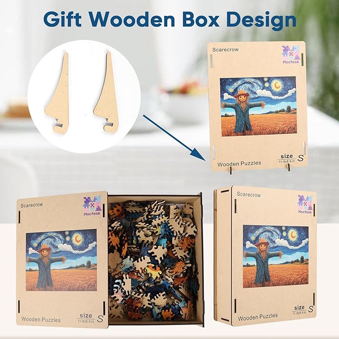 Wooden Puzzles for Adults, Scarecrow and Farmland Puzzles 200 Pieces, Unique Shaped Jigsaw Puzzles for Adults and Kids, Birthday Gifts Fun Family Game 8.9'' x 11.8''