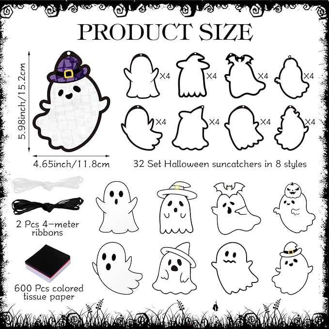 Tinlade 32 Set Halloween Suncatcher Crafts Kit Ghost Suncatcher Paper Crafts with Tissue Paper DIY Window Stained Glass Effect Hanging Ornaments for Halloween Boo DIY Activities Party Favors