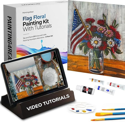 Painting4Real DIY Painting Class Kit for Adults: Learn to Paint Flag Floral with Video Tutorials – Art Decoration for Independence Day – Hang This Picture/Art as Wall Decor Once Completed