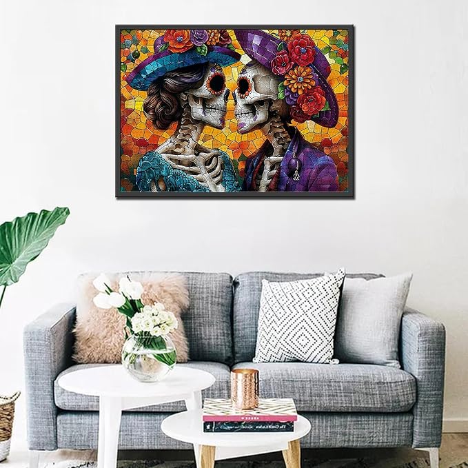 Tucocoo Day of The Dead Skull Jigsaw Puzzles for Adults 1000 Pieces, Romantic Bride and Groom Stained Glass Style Art DIY Puzzles for Home Decoration Gifts, Family Puzzle Perfect for Game Nights