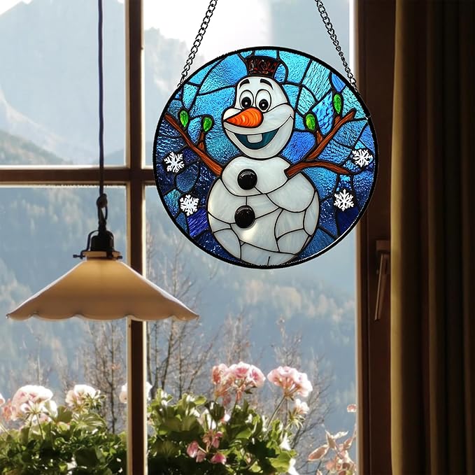 Stained Glass Window Hanging Christmas Funny Snowman 6.3" - Suncatcher Door Garden Blue White Snowflakes Sun Catcher New Year Birthday for Friend Mom Men Woman Nana