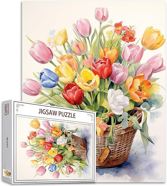 1000 Piece Jigsaw Puzzles for Adults Basket Filled with Colorful Tulips Painting Jigsaw Puzzle Flowers 1000 Pieces Puzzles Game Watercolor Style Floral Wall Decor DIY Craft Puzzle Tulips Flower Art