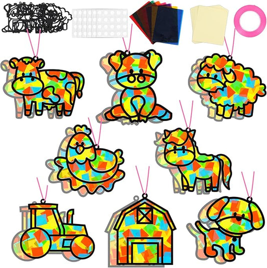 QOUBAI 32 Sets Farm Animals Suncatchers Craft Kit DIY Window Stained Glass Effect Cow Horse Chicken Paper Craft Home School Classroom Decoration Kid Birthday Gift Creative Art Project Activity Game