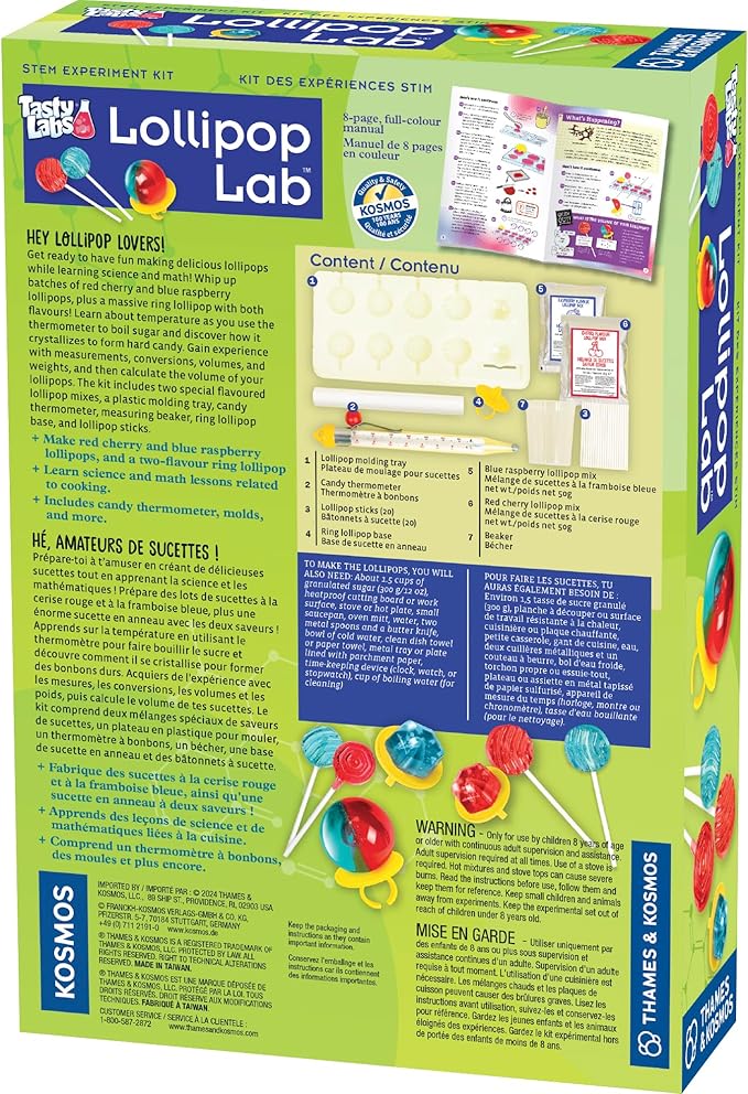 Thames & Kosmos Lollipop Lab STEM Experiment Kit | Make Yummy Red Cherry & Blue Raspberry Lollipops & Ring Lollipops | Explore Chemistry & Math | Includes Real Candy Thermometer, 2-Language Ver, EN/FR