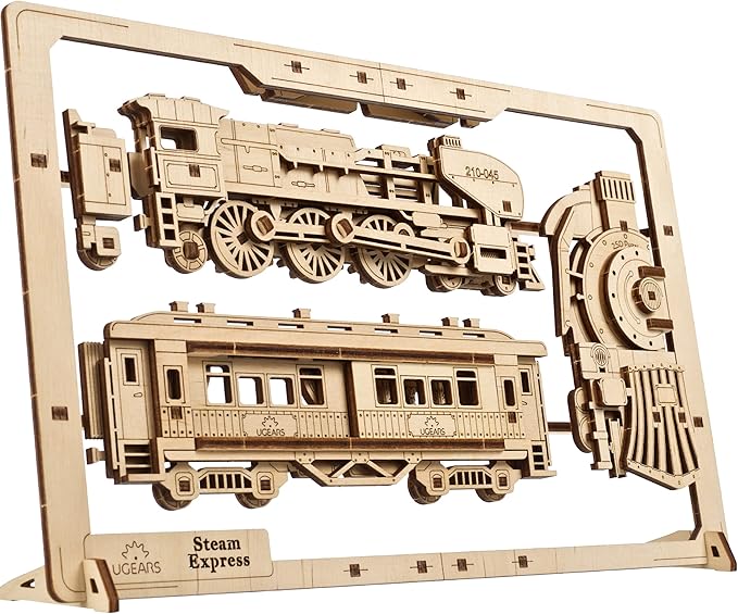 UGEARS 2.5D Framed Steam Express - Classic Train Wood Model Kit with Movable Wheels, Mechanisms & Doors – Steam Train Wooden Puzzle Model Kits for Adults - Home and Office Decor