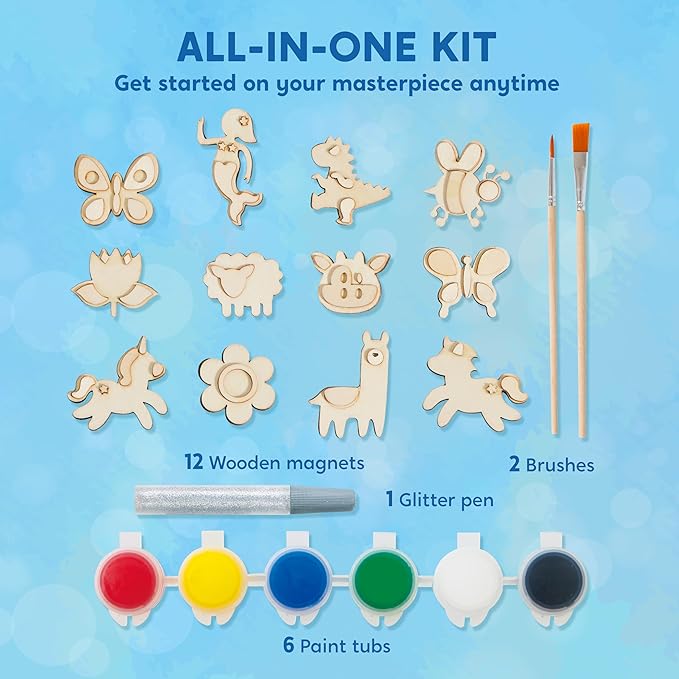 JOYIN 12 Wooden Magnet Creativity Arts & Crafts Painting Kit for Kids, Decorate Your Own Painting Gift for Easter Basket Stuffers, Birthday Parties and Family Crafts, Party Favors for Boys Girls