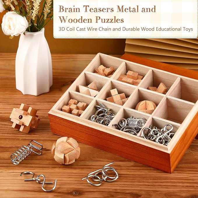 Yilloog 45 Pcs Brain Teasers Metal and Wooden Puzzles for Kids Adults Mind Iq and Logic Test Toys 3D Educational Unlock Interlock Puzzles Box for Family Challenging Games