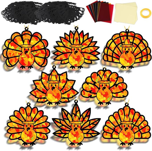 32 Sets Thanksgiving Turkey Suncatchers Craft Kit DIY Window Stained Glass Effect Thanksgiving Turkey Paper Crafts Home School Classroom Decoration Kid Birthday Gift Creative Art Project Activity Game
