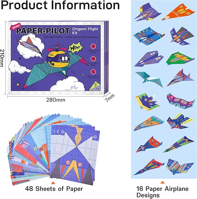 Leven DIY Paper Airplane Book, 16 Creative Folding Paper Planes with 48 Sheets of Colorful Origami Paper, Arts & Crafts Kit with Video Tutorials – Gifts for Boys and Girls Ages 6–12+ 11 * 8.3 inches