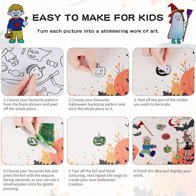 Halloween Foil Fun Crafts Kit for Kids - DIY Gifts Foil Art Mess Free Activity for Travel & Friends Party & Family Gatherings, Halloween Toys Gifts for Girls Boys Ages 4-13 (Witches Pumpkins)