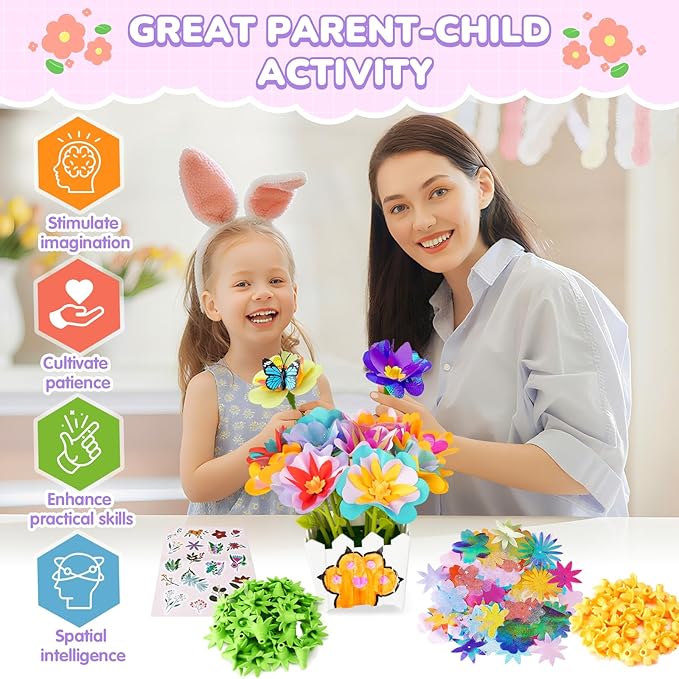 Fabric Flower Bouquets Toys - Flower Making Kit for Kids - DIY Flower Craft Kit, Gifts for 3 4 5 6 7 8 9 10 11 12 Year Old Girls, Preschool Learning Educational Activity Birthday Gifts Party Favors