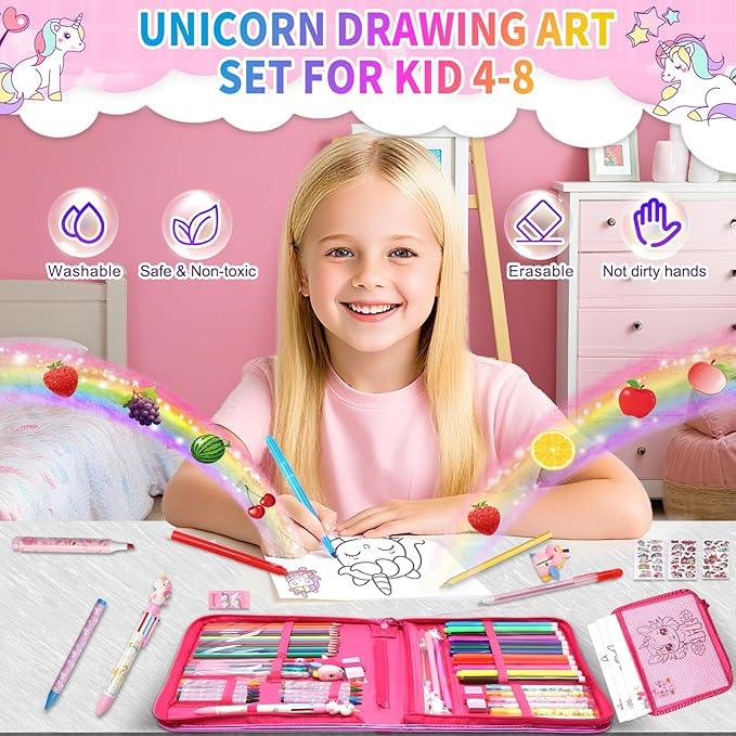 70Pcs Fruit Scented Markers Kit - Kawaii Stationery Set with Unicorn Pencil Case, Art Coloring Drawing Kit for Kid Include Marker, Pencil, Crayon, Pen, Eraser, Sticker, Unicorn Gift for Girl 4-12 Year