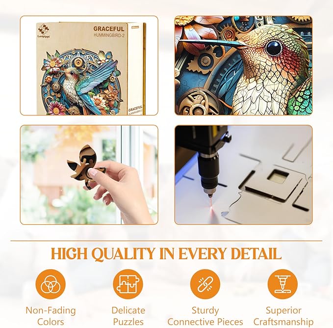 Wooden Puzzles for Adults, Wooden Jigsaw Puzzles for Adults Kids, Graceful Hummingbird-2 Unique Shaped Wood Puzzles Adult, Creative Birthday Gifts for Friends Family Game (13.4 * 13in 290pcs)