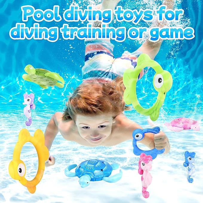 Pool Diving Toys for Kids, 14 PCS Swimming Pool Diving Rings, Summer Dive Sticks with Float Toys for Kids 4-8 8-12, Sea Animals Sinking Games for Teens, with Seahorse/Fish/Turtles/Ducks