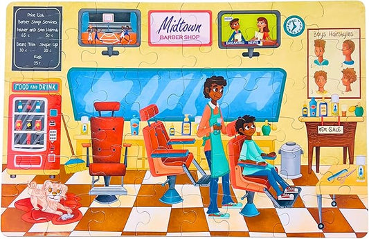 Upbounders- A Day at The Barbershop 48 Piece Floor Puzzle, Beginner Puzzle for Toddlers Kids - African American Boy - Ages 4-8 (Multicultural)
