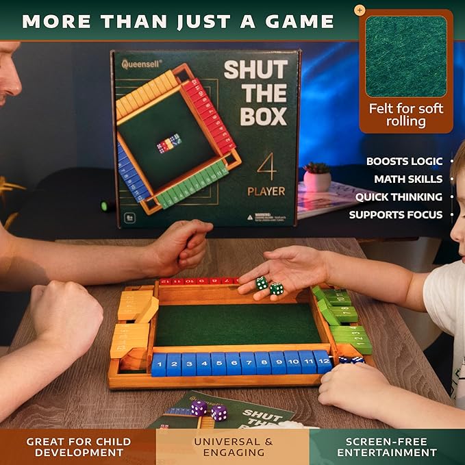 Shut The Box Game Wooden Board for 4 Players - 14-inch Shut The Box Game 12 Numbers for Adults & Kids - Ideal for Games Night