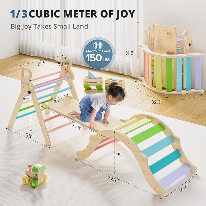 BlueWood Pikler Triangle Set, Toddler Wooden Climbing Toys Indoor 7in1 Foldable Climber for Kids, Montessori Philosophy Play Jungle Gym with Arch, Ramp, Ladder (Colorful Spring)