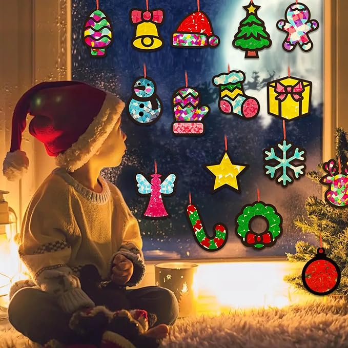 32 Set Christmas DIY Craft Kits,Christmas Tissue Paper Sign Craft Kit Christmas Tree Ornaments Suncatchers Craft Craft for Winter Xmas Classroom School Decorations DIY Art Project Activities
