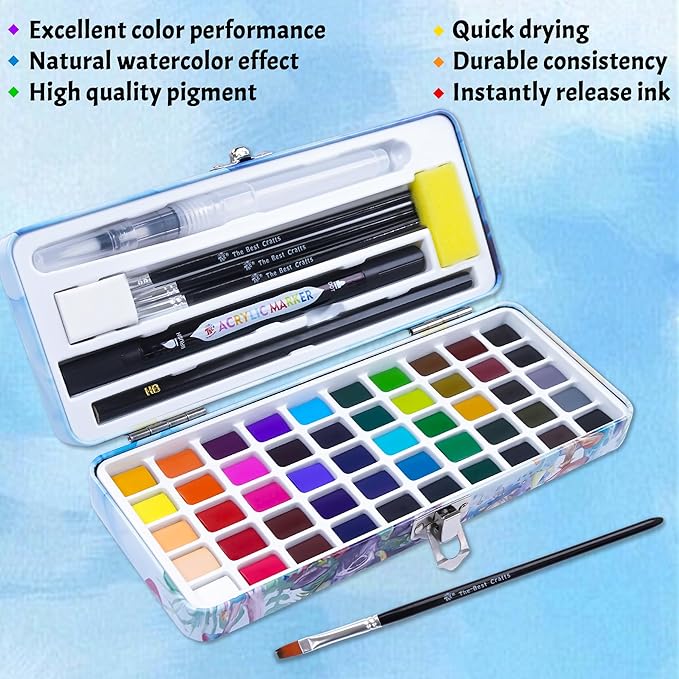 TBC The Best Crafts 50 Colors Watercolor Paint Set For Kids, Students and Artists, Amateur,Beginner.Set includes Coloring Sheets, Black Dual Tip Acrylic Paint Markers, Storage Bag