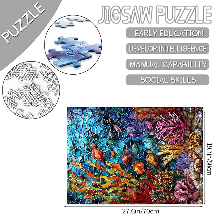 1000 Piece Jigsaw Puzzles for Adults Stained Glass Ocean Painting Jigsaw Puzzle Underwater World 1000 Pieces Puzzles Game Colorful Glass Coral Fish Wall Decor DIY Craft Puzzle Sea Ocean Landscape Art