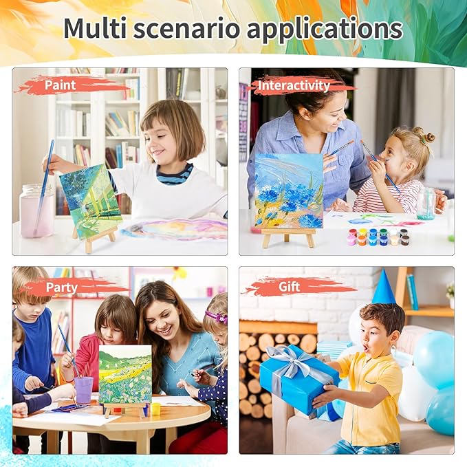 16 Pack 8 * 10In Canvas Boards for Painting, Art Canvas for Drawing with 32 Brushes & 16 Paint Trays & 32 Acrylic Paint, Mini Painting Canvas with Easel Set, Painting Kits for Adults & Kids Party