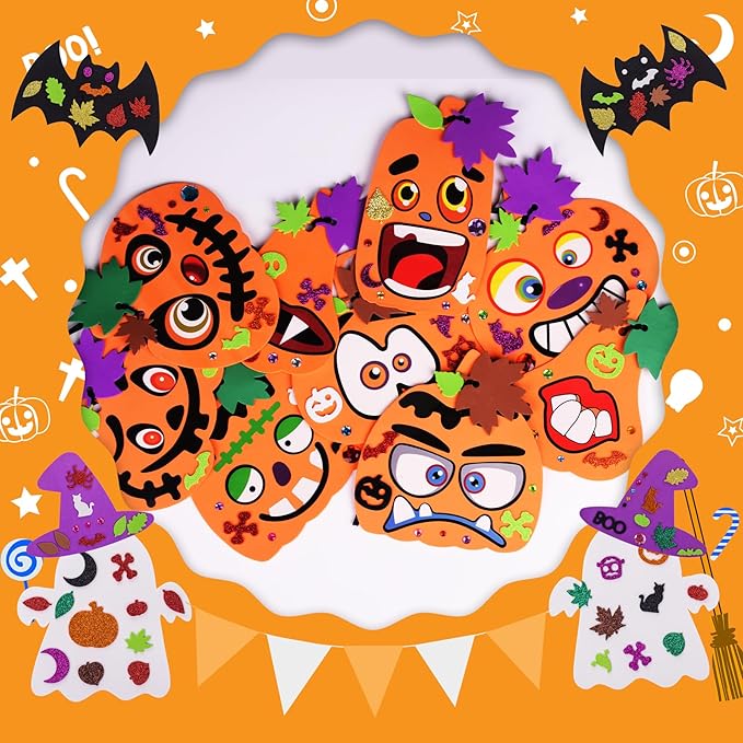 33Sets Halloween Fall Pumpkin Foam Craft DIY Kit with Ghost Spider Bat,Witch Crafts Gifts for Kid,Kids Halloween Party Favors Pumpkin Decoration Supplies Lantern Art Project Classroom Activity
