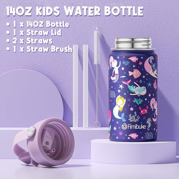 Fimibuke Kids Bento Lunch Box with 4 Compartments, Insulated lunch Bag, Stainless Steel Insulated Water Bottle, Ice Pack & Utensils Set, Birthday Gifts for Ages 3-12 Back to School Toddler Girls Boys