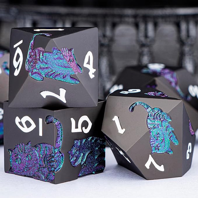 Metal DND Cat Dice 7PCS Polyhedral RPG Dice Set with Gift Case for Dungeons Dragons Role Playing Game, D and D Dice D6 D8 D10 D12 D20 D% (Purple Green)