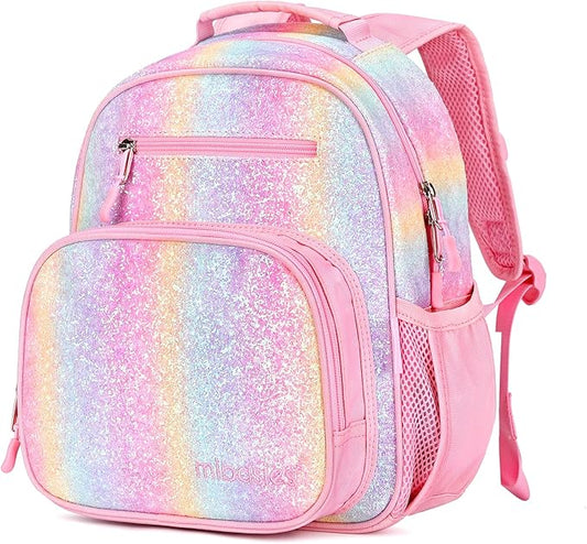 mibasies Toddler Backpack for Girls 2-4: Glitter Kids Backpacks for Girls - Preschool Kindergarten Backpack - Rainbow Pink