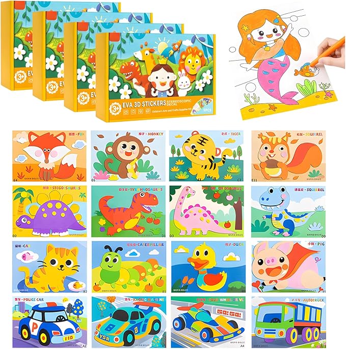 3D EVA Sticker Craft, 12pcs/Set Sticker Puzzle Pleasure DIY Cartoon Animal Learning Education Program for Toddler Kids Art Craft Kits (Set of 4)