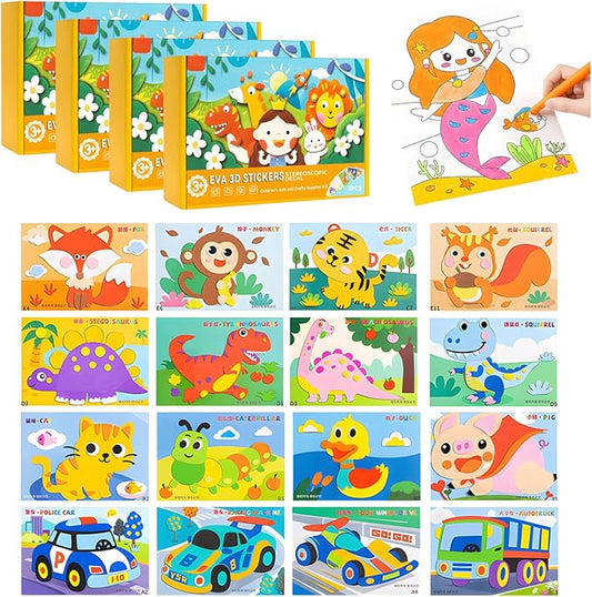3D EVA Sticker Craft, 12pcs/Set Sticker Puzzle Pleasure DIY Cartoon Animal Learning Education Program for Toddler Kids Art Craft Kits (Set of 4)
