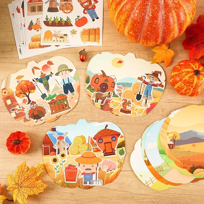 JUNEBRUSHS 30 Packs Fall Thanksgiving Crafts,Autumn Pumpkin Scene Crafts Fall DIY Ornaments Stickers Craft for Home School Classroom Activity Party Decor