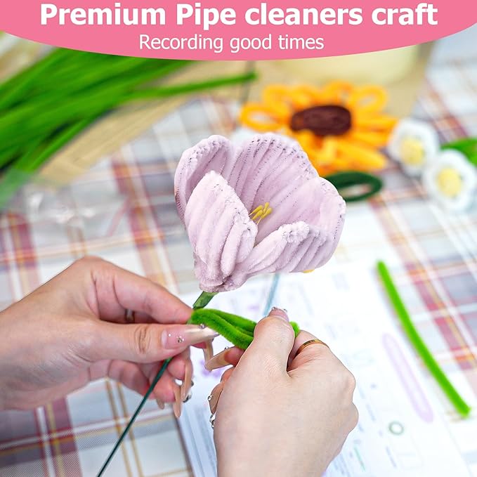 Pipe Cleaners Craft, Multi-Colored Pipe Cleaners Kit, Chenille Stems for DIY Flower Making Kit with Floral Wires, Come with Flower Base, Ideas for Party & Home Decor (A14)