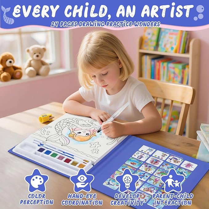 Paint with Water Coloring Books for Kids, Mess Free Watercolor Painting Kit Painting Activity for Kids Ages 3-5 4-8, Arts Crafts Drawing Gift Toy for Boy Girl (Blue)