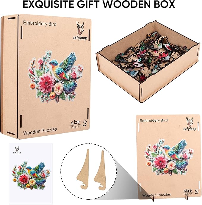 Wooden Puzzles for Adults, Embroidery Bird Jigsaw Puzzles, 195 Pieces Adults Puzzles, Best Gifts for Puzzle Lover, Family Brain Game, 9.8x13 inch