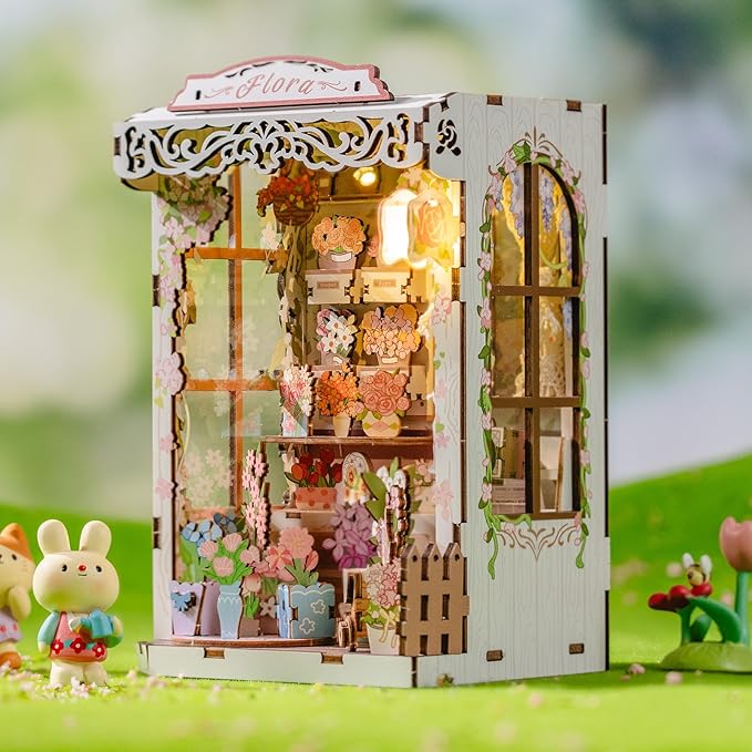 MOMIBOOK Book Nook Kit 153 Pcs DIY Miniature Dollhouse Kit for Adults, 3D Wooden Puzzle Mini Booknook Bookend Bookshelf Decor, Tiny House Model, Party Christmas Birthday Gifts, Flower Shop Cabin