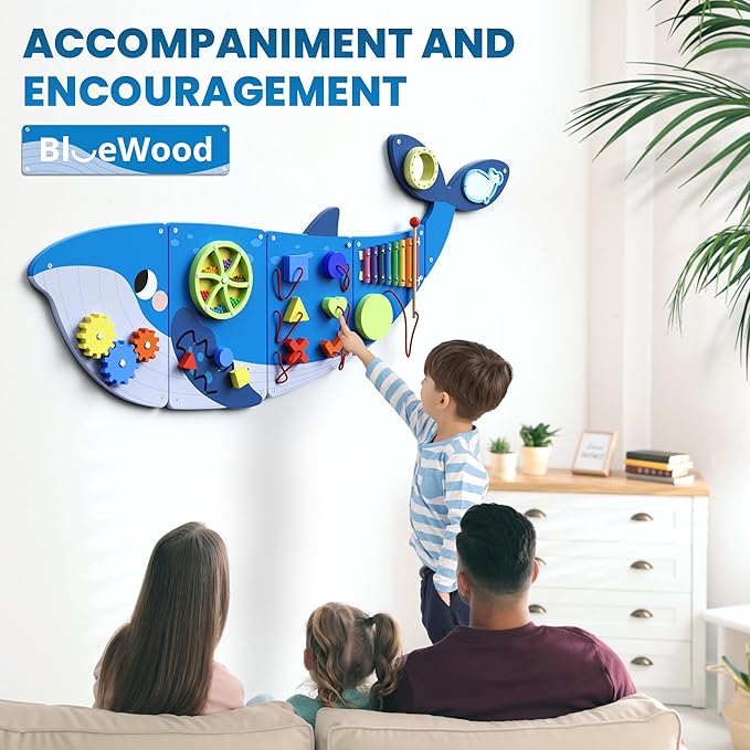 BlueWood Whale Wall Busy Board Panels, Toddler Learning Activity Center, Montessori Philosophy Sensory, Educational Toys, Conducive to All-Round Development