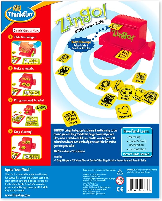 ThinkFun Zingo Bingo Award Winning Preschool Game for Pre-Readers and Early Readers Age 4 and Up - One of the Most Popular Board Games for Boys and Girls and their Parents (97700)